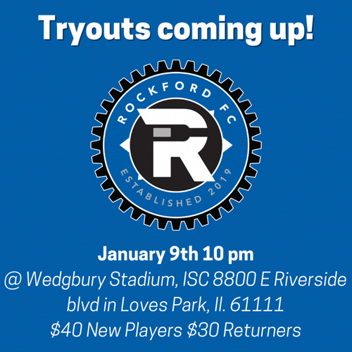 2025 Rockford FC Tryouts poster